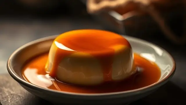 Crème caramel maison à la grand-mère avec un glaçage caramel riche, ambiance tamisée et tons chauds.
