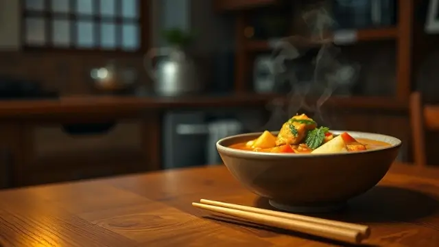Bowl de curry japonais fumant servi dans une ambiance chaleureuse, avec légumes et viande, prêt à être dégusté.