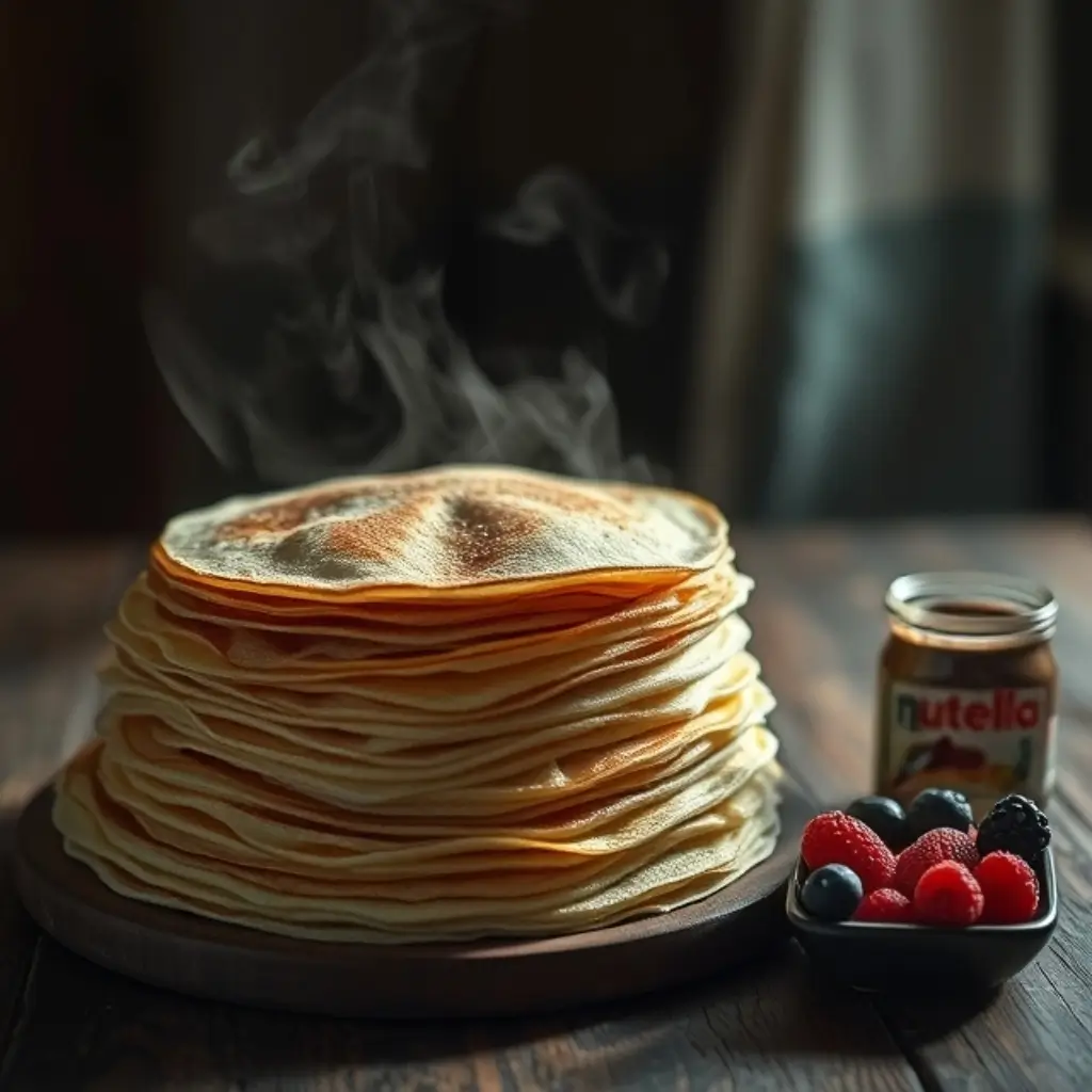 Recette pour 30 crêpes : un empilement de crêpes fraîches, garnies de Nutella et de fruits, dans une ambiance chaleureuse.