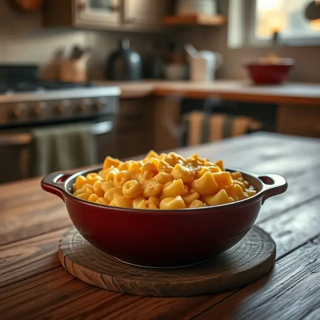 Un bol de Mac and Cheese rapide et crémeux, servi dans une ambiance chaleureuse avec une faible luminosité.
