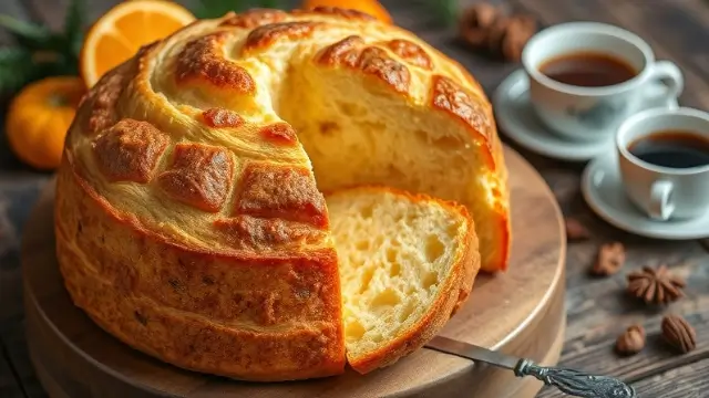 Un panettone fraîchement cuit, doré et moelleux, tranché pour révéler son intérieur léger et aéré.