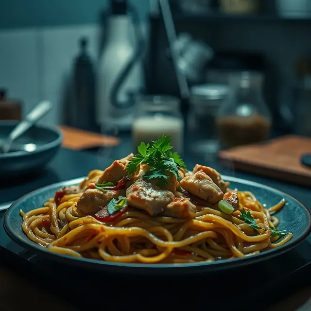 Plat de nouilles sautées au poulet, servi avec des légumes frais dans une ambiance de cuisine réaliste et tamisée.