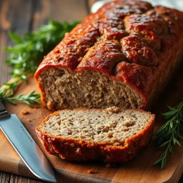 Pain de viande maison, fraîchement cuit, avec une tranche découpée révélant une texture tendre, entouré d'herbes fraîches sur une table rustique.