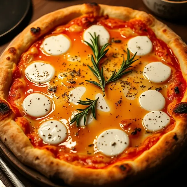 Recette pizza chèvre et miel avec fromage de chèvre crémeux, miel doré et herbes fraîches sur une croûte dorée.