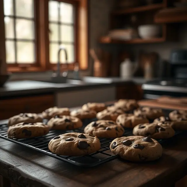 Une vue chaleureuse de biscuits aux pépites de chocolat maison sur un comptoir en bois, éclairés par une faible luminosité.