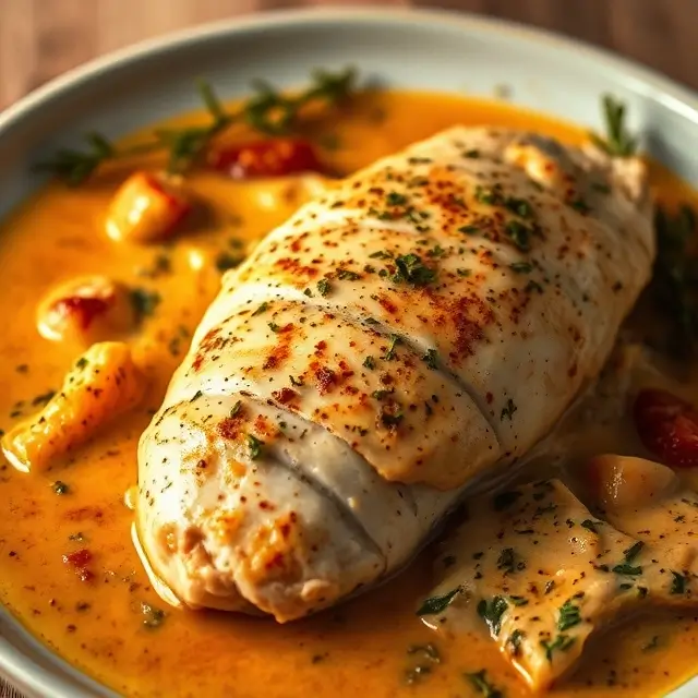 Poitrine de poulet en sauce crémeuse, parfaitement présentée avec des herbes et des épices.