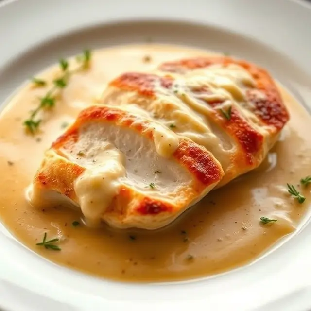 Poitrine de poulet en sauce crémeuse servie sur une assiette élégante avec une présentation raffinée et une sauce épaisse.