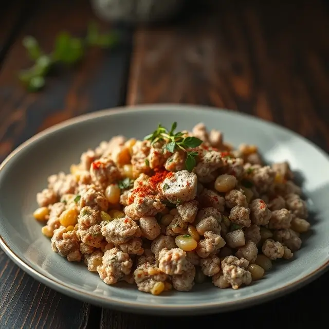 Plat appétissant avec de la dinde hachée, assaisonné de fines herbes et épices, servi sur une table en bois sombre.