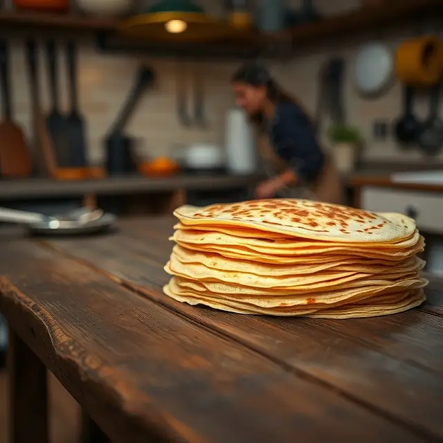 Crêpes cuites à la perfection sur une table en bois rustique, idéales pour un repas convivial, avec une ambiance chaleureuse et douce.