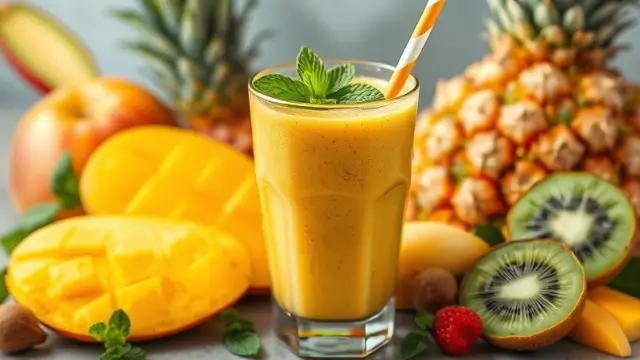 Smoothie coloré et rafraîchissant avec des fruits tropicaux, idéal pour un début de journée énergisant.