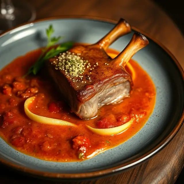 Image d'un osso bucco parfaitement préparé, avec une viande tendre et une sauce tomate riche, garnie de gremolata.