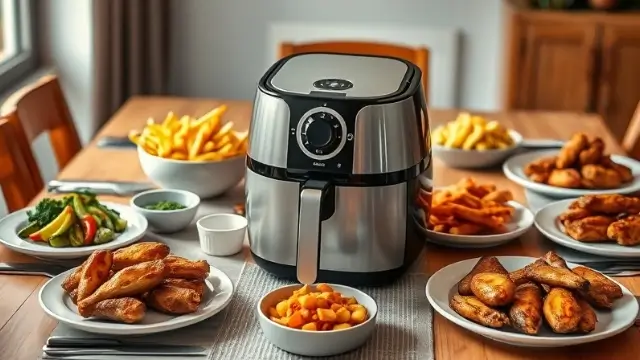 Plat varié composé de frites, légumes grillés et ailes de poulet cuisinés avec une friteuse à air chaud moderne