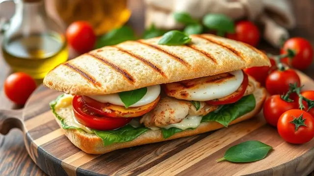 Panini croustillant avec mozzarella fondue, tomates fraîches, basilic et poulet grillé, idéal pour une recette panini savoureuse.