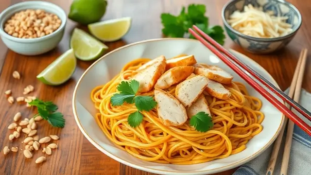 Assiette de Pad Thaï au poulet garnie de cacahuètes, coriandre, et citron vert, prêt à être dégustée.