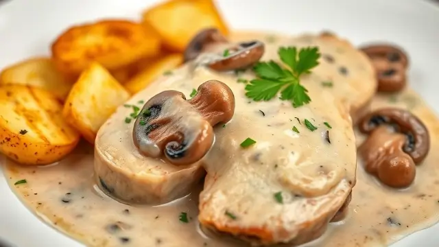 Recette pintade en cocotte avec une sauce crémeuse aux champignons et des pommes de terre rôties, servie dans une assiette élégante.
