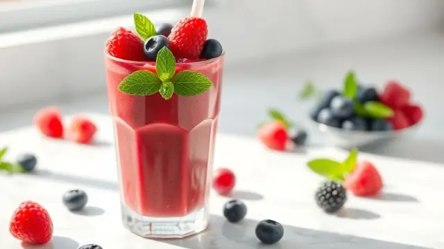 Smoothie aux fruits rouges healthy garni de framboises et myrtilles, idéal pour un goûter équilibré.