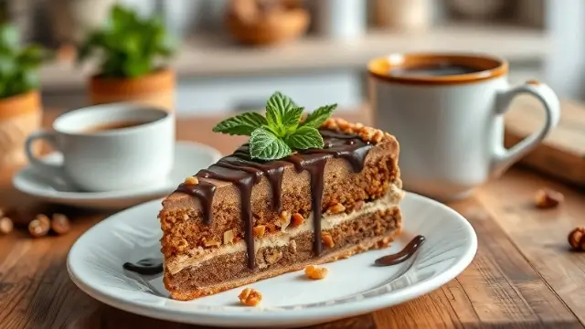 Une part de gâteau aux noix avec un glaçage au chocolat et des éclats de noix, servie avec une tasse de café.