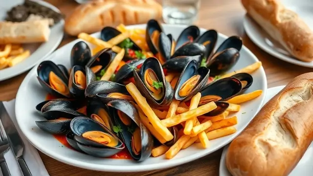 Moules marinières servies avec des frites croustillantes et une baguette, créant une expérience culinaire traditionnelle française.