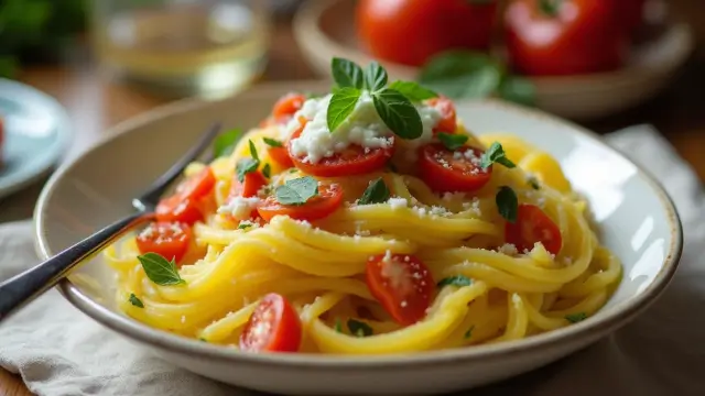 Un bol de courge spaghetti cuisinée, accompagné de légumes colorés, d’herbes fraîches et d’une sauce crémeuse, présenté dans une ambiance chaleureuse de cuisine maison.