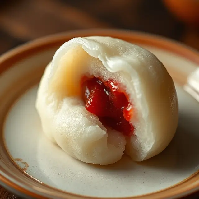 Mochi maison sur une assiette japonaise traditionnelle, avec un éclairage doux et une texture délicate, montrant la garniture à l’anko.