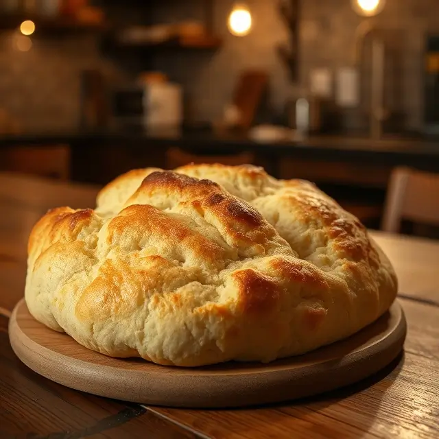 Un pain kebab maison avec une croûte dorée et légèrement carbonisée, pris en lumière douce dans une cuisine à faible luminosité.