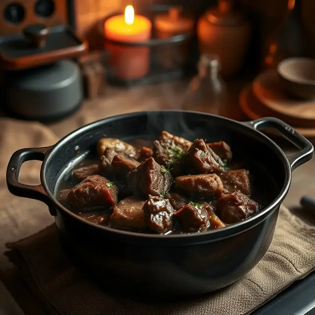 Bœuf bourguignon recette de grand-mère servi dans une cocotte en fonte, avec une sauce riche et savoureuse.