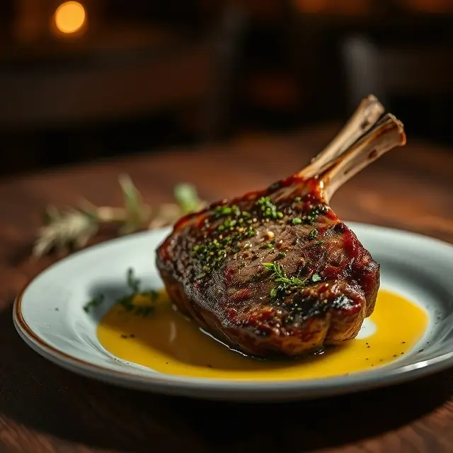 Côtelette d'agneau au four joliment présentée avec des herbes fraîches sur une table en bois rustique