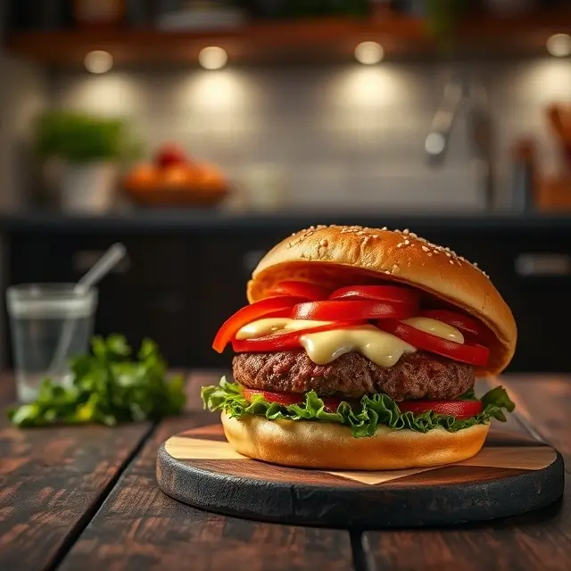 Burger gourmet avec sauce burger maison crémeuse, garnitures fraîches et sauce savoureuse.