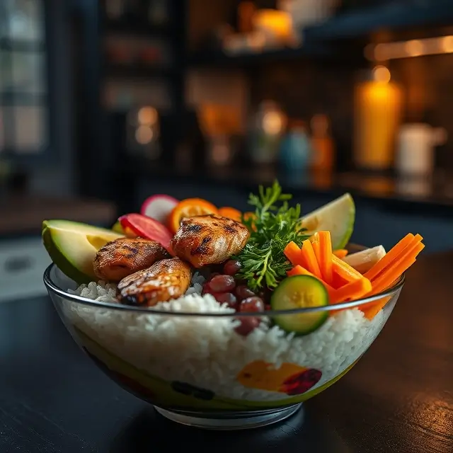 Poke Bowl Poulet avec poulet grillé, avocat, riz et légumes frais dans une ambiance tamisée