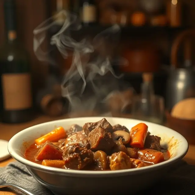 Bœuf bourguignon servi dans une cocotte, un plat traditionnel français aux saveurs riches et profondes, typique de la recette de grand-mère.