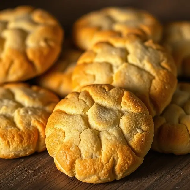 Canistrelli biscuits maison frais sur une table en bois, dans une lumière tamisée, mettant en valeur leur texture dorée.