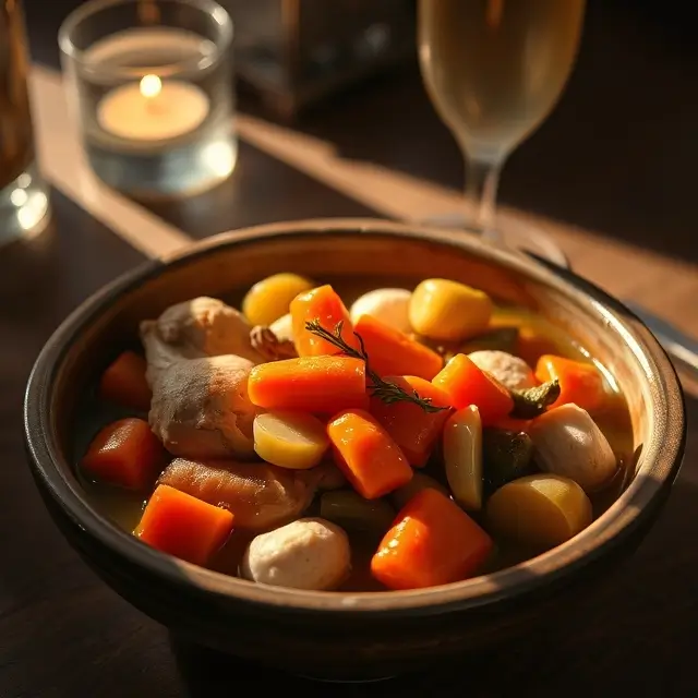 Plat de poule au pot façon grand-mère avec poulet tendre, légumes frais et bouillon savoureux, présenté dans un bol rustique.