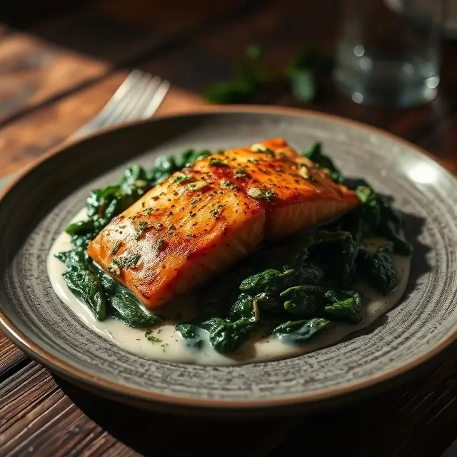 Plats de saumon aux épinards crémeux dans une ambiance douce et invitante.