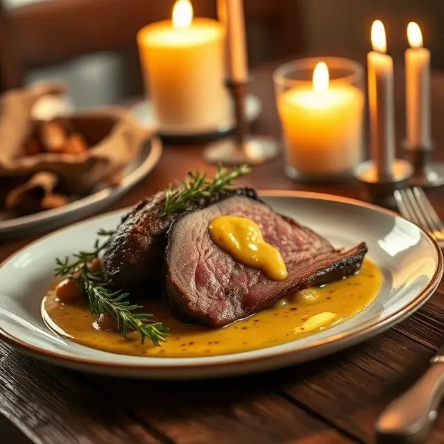 Plat de langue de veau braisée à la moutarde, servi dans une ambiance chaleureuse et tamisée, illustrant une recette de langue de veau savoureuse.