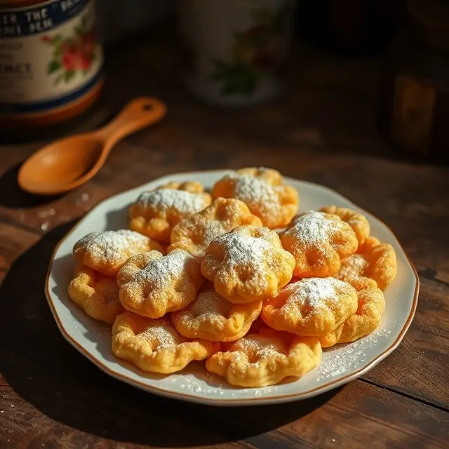 Oreillettes de grand-mère dorées et saupoudrées de sucre glace sur une table en bois rustique.