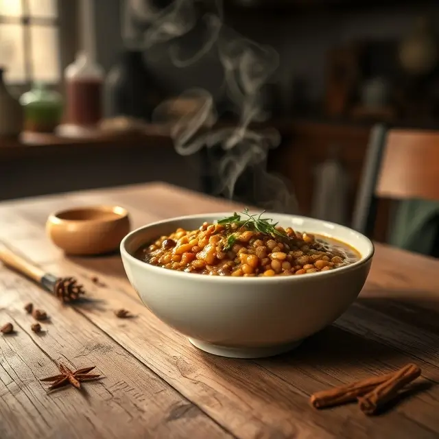 Bol de lentilles corail au lait de coco, décoré avec des herbes fraîches et une ambiance chaleureuse avec faible luminosité.