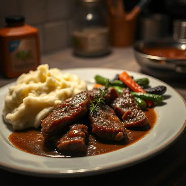 Plate de foie de veau sauté avec purée de pommes de terre et légumes frais dans une ambiance de cuisine à faible luminosité