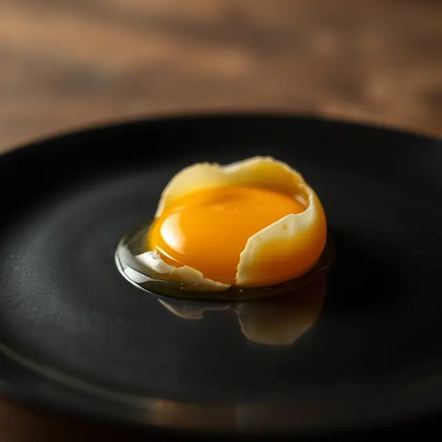 Un jaune d'œuf doré sur une assiette noire, symbolisant la polyvalence dans les recettes avec jaune d'œuf.