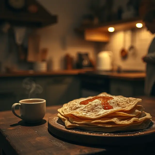 Un tas de crêpes fraîchement cuites, dorées et garnies de sucre glace et de sirop, dans une cuisine chaleureuse et intime, créant une ambiance douce pour la préparation de 30 crêpes parfaites.