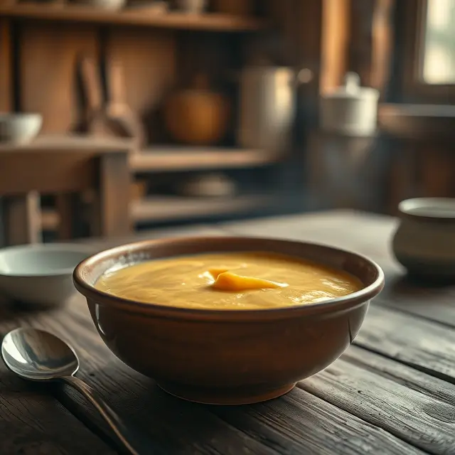 Bowl d'œuf au lait à la façon de grand-mère, crémeux et doré, dans une cuisine traditionnelle avec une ambiance chaleureuse.