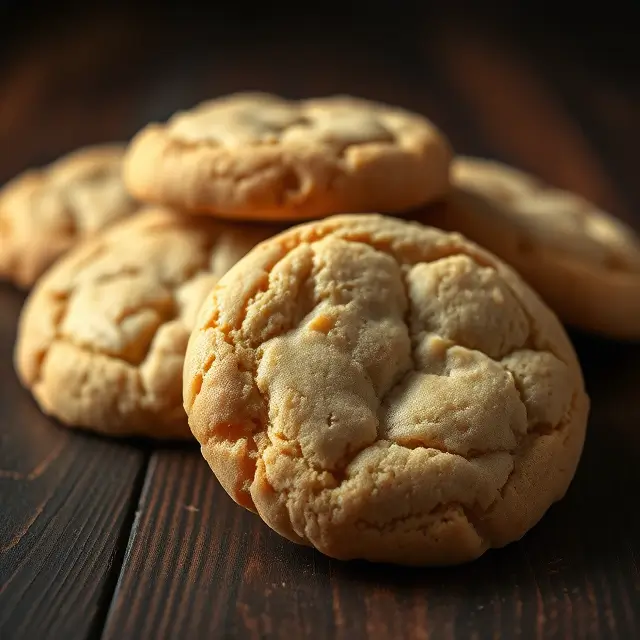 Des cookies sans beurre fraîchement cuits sur une table en bois, dorés à la perfection, avec un éclairage doux créant une ambiance chaleureuse et invitante.