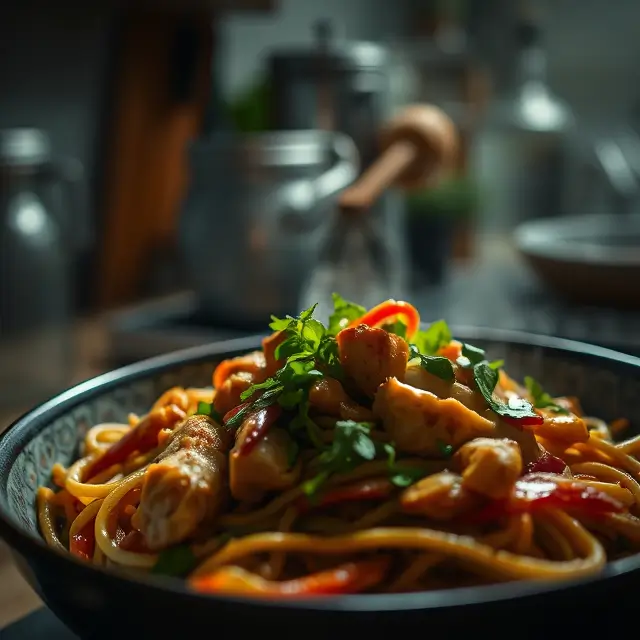 Un bol de nouilles sautées au poulet avec légumes frais, préparé dans une ambiance tamisée et réaliste, mettant en valeur la recette des nouilles sautées au poulet.