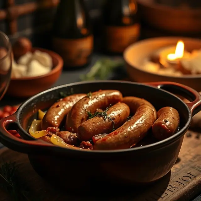 Plat de diots savoyards mijotés au vin blanc avec des oignons dans une cocotte en fonte, spécialité de Savoie.