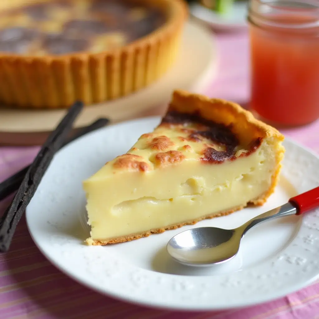 Dessert de Millas doré sur une table en bois rustique, saupoudré de sucre glace, dans une cuisine cosy et tamisée.