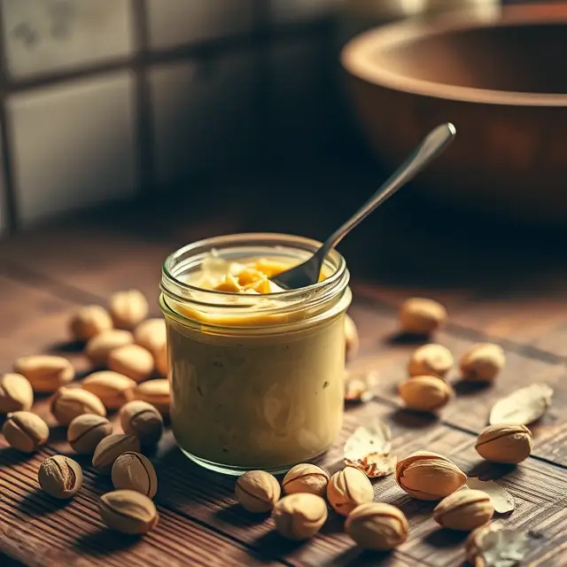 Gros plan sur un pot de pâte de pistache maison entouré de pistaches sur une table en bois