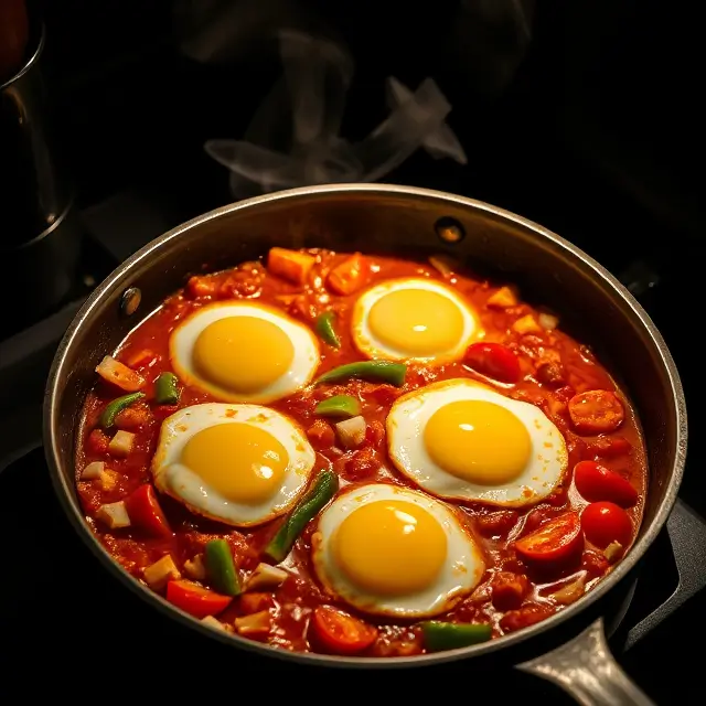 Chakchouka avec sauce tomate épicée et œufs, servie dans une poêle en fonte à faible luminosité.