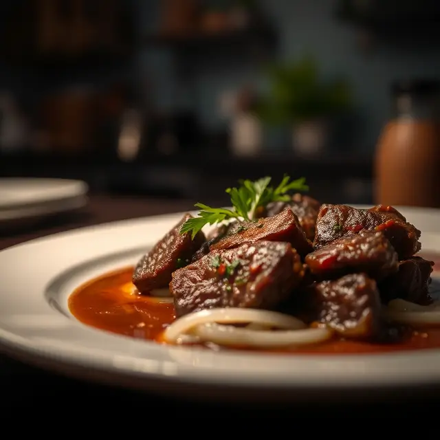 Plat de foie de bœuf cuit à la perfection sur une table rustique, baigné d'une lumière tamisée