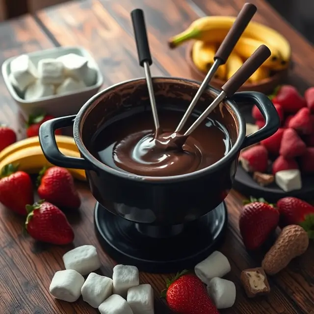 Fondue au chocolat avec fruits frais et guimauves, ambiance chaleureuse