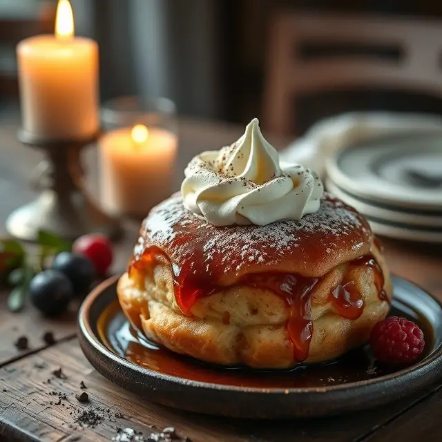 Baba au rhum avec crème chantilly et fruits, illuminé par une lumière tamisée.