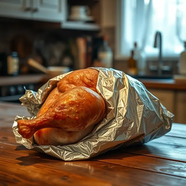 Cuisse de dinde au four avec une peau dorée et croquante, sur une table en bois rustique, capturant toute la beauté d'une cuisson parfaite à basse température.